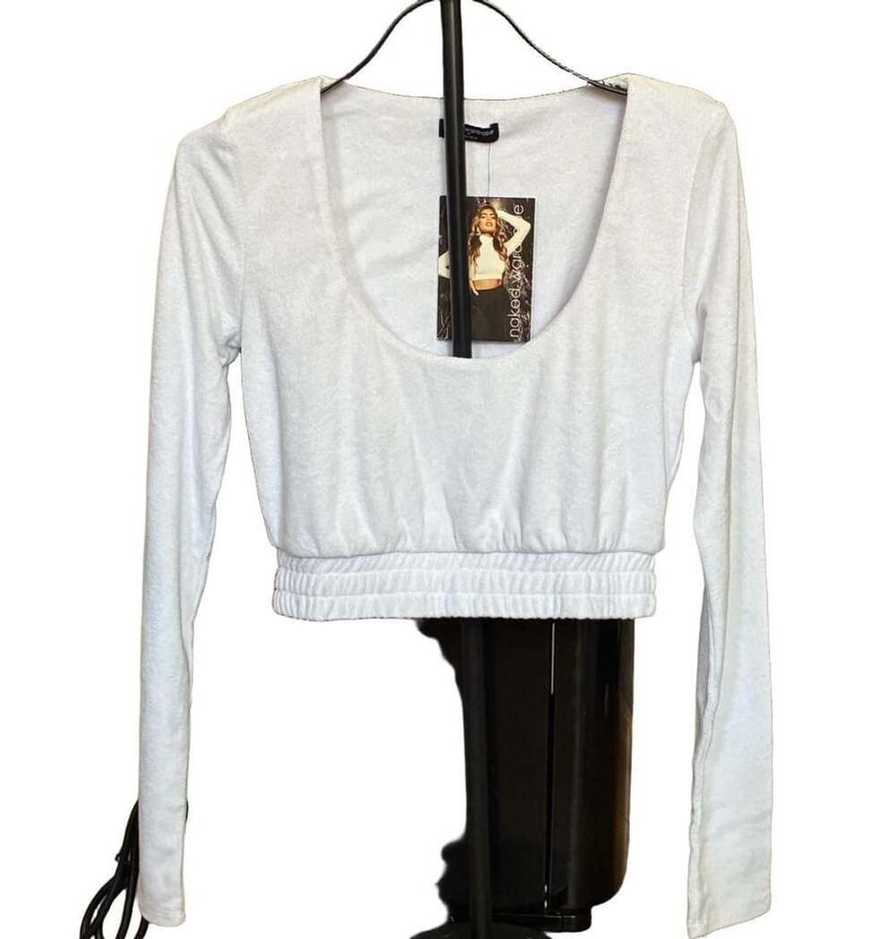 Naked Wardrobe White Long Sleeve Scoop Neck Terry Cloth Crop Top-NWT-Size M